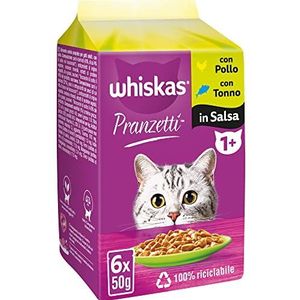 Whiskas Mer et Monti 1+ volwassenen, natvoer voor katten, 12 dozen van elk 6 zakjes x 50 g (in totaal 72 stuks)