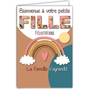 Gefeliciteerde kaart, cadeau voor geboorte, meisjes, de familie breidt zich uit regenboog met envelop, formaat 12 x 17,5 cm, papier 300 g, uit duurzaam beheerde bossen, glanzend, gemaakt in Frankrijk