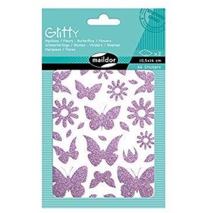 Maildor AE101O Glitty stickers, 2 vellen, 10,5 x 16 cm, vlinders en bloemen in violet (66 stickers)