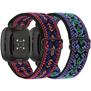 Tiptops 2 stuks nylon armbanden, compatibel met Fitbit Versa 4/3 en Sense 2, elastische en verstelbare sportarmband, Geen edelsteen