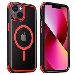 MobNano Transparante hybride magnetische beschermhoes voor iPhone 13 en iPhone 14 - Compatibel met MagSafe - Schokbestendig - Sterke magneet - Siliconen - Zwart/Rood