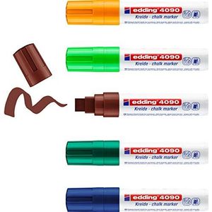 edding Krijtmarker 4090 verschillende kleuren, 5 stiften, gecalificeerde punt 4-15 mm, krijtmarker voor borden, afwasbaar, glas, spiegel, bordmarker in ondoorzichtige kleuren