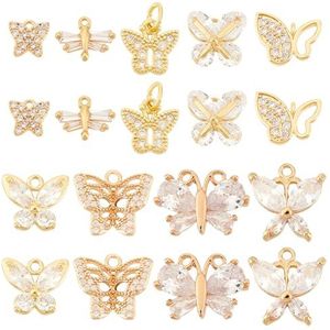 AHANDMAKER Set van 18 zirkonia vlinderhangers, 9 stijlen messing met micro schakelblok, hangende bedels voor het maken van armbanden, halskettingen