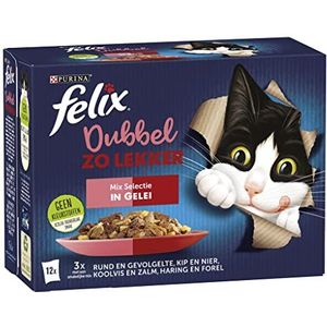 Felix Dubbel zo Lekker Mix Selectie kattenvoer, natvoer met Rund en Gevogelte, met Kip en Nier, met Koolvis en Zalm, met Haring en Forel in Gelei 12 x 85g - doos van 4 (48 portiezakken, 4,08 kg)