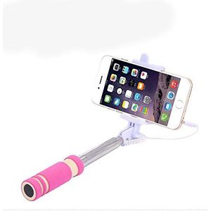 Mini selfie stick voor Oneplus 7 Plus smartphone met kabel, jackstekker, selfiestick, Android, iOS, verstelbaar, fotoknop (roze)