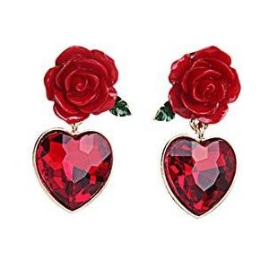 HMOOY Oorbellen met rode bloem, vintage stijl, hartvorm, robijn, gothic, roze, rood, oorbellen, schattig, voor vrouwen en meisjes, kunsthars, robijn gecreëerd