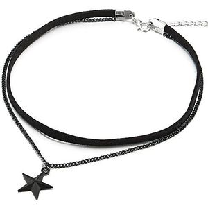 COOLSTEELANDBEYOND Twee rijen choker halsketting dames meisjes met zwarte ketting en ster pentagram hanger, Metaal, niet van toepassing