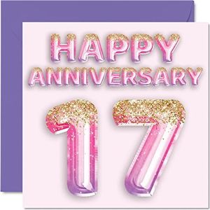Leuke kaart voor de 17e verjaardag, voor vrouwen, vriendin, echtgenoot, vriendin, vriend, roze glitterballonnen, violet, wenskaarten, 145 mm x 145 mm voor Dix-mensen