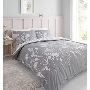 Catherine Lansfield Omkeerbare beddengoedset voor eenpersoonsbed, dekbedovertrek en kussensloop, bloemenpatroon, grijs/roze