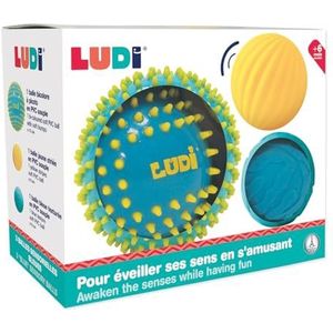 LUDI - Set met 3 blauwe en gele sensorische ballen – verschillende kruipballen – 1 grote massagebal + 2 kleine geribbelde ballen – 15 en 8 cm – zachte kunststof – vanaf 6 maanden