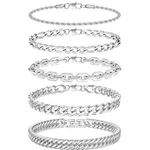 Adramata 5 stuks herenarmband van roestvrij staal, pantserketting voor heren, zilver, chunky hiphop-armband, modieus, ketting, zilver, Cubaanse ketting, geschenken, sieraden, lengte 19/21/23 cm