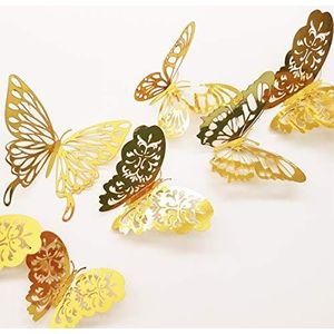 36 stuks 3D-vlinderstickers – decoratie voor muren en meubels om zelf te maken, ideaal voor babyfeestjes, verjaardagen, bruiloften, 3D-stickers, vlinders, goudkleurig