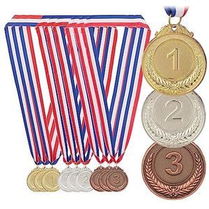 Relaxdays 12 stuks kindermedaille Ø 5 cm 1.2.3 zitlint voetbal winnende medaille metaal goud, zilver, brons