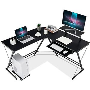 COSTWAY L-vormig computerbureau, met beweegbare houder, afneembare monitorstandaard en uittrekbaar toetsenbordvak, thuisgaming-bureau, 130 x 126,5 cm