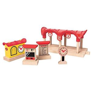 Hape Stationswerf Circuit Trein Hout voor kinderen vanaf 3 jaar - 5-delige houten bouwset - spraakopname en railverlichting - speelgoed compatibel met traditionele merken