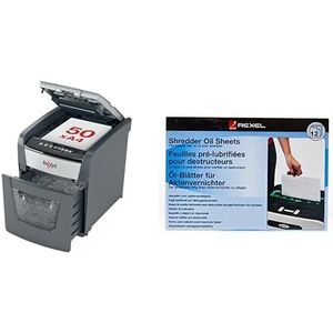 Rexel 2020050X Auto+ 50X – automatische papierversnipperaar, kruissnede, veiligheid P4, capaciteit 50 vellen, mand van 20 liter, afneembaar en Rexel 12 voorgesmeerde vellen
