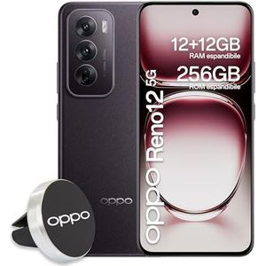 OPPO Reno12 5G AI Smartphone, drievoudige camera 50 + 8 + 2 MP, 32 MP selfie, 6,7 inch 120 Hz AMOLED FHD+, 5000 mAh, RAM 24 GB (12 + 12) + ROM 256 GB, autoondersteuning [Italiaanse versie], zwart