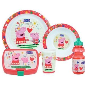 Peppa Pig kinderserviesset met 1 diep bord Ø 16 cm, 1 bord Ø 22 cm, 1 glas 220 ml, 1 fles 350 ml en 1 druppeldoos, herbruikbaar servies, roze