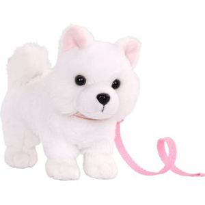 Our Generation American Eskimo BD35255 Puppy 15 cm, pluche dier met beweegbare benen en accessoires, halsband en riem inbegrepen, perfecte metgezel voor poppen van 46 cm, aanbevolen vanaf 3 jaar