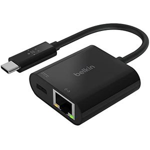 Belkin USB C/Ethernet oplaadadapter (60 W vermogen voor aangesloten apparaten, ethernet-gegevensoverdracht tot 1000 Mbit/s), MacBook Pro Ethernet-adapter INC001btBK