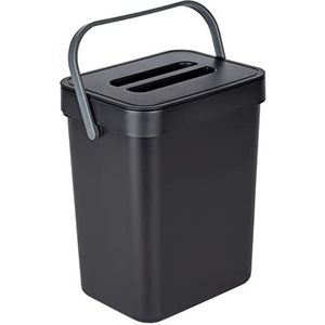 WENKO Prullenbak met handgreep Tago, afvalbak met inhoud van 5 liter, compacte zwarte prullenbak, te bevestigen zonder boren, incl. deurbevestigingsmogelijkheid Static-Loc®, 21 × 24,5 × 17 cm