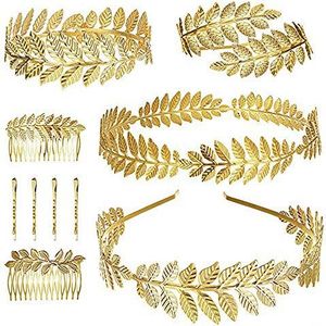 Finrezio 10 stuks laurierarmband Griekse godin gouden kroon hoofdband kam haarspeld set bruidssieraden armband bruiloft haaraccessoires goud legering, Legering