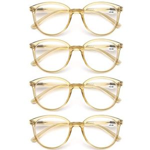 4 stuks leesbril, voor heren en dames, loep, veerpennetjes, licht comfortzicht, ronde zichtbril, kleur zwart-luipaard-bruin-geel, 4 geel