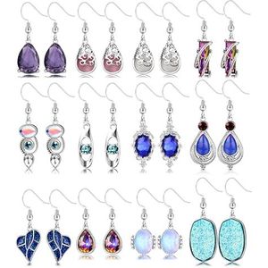 Adramata 12 paar oorbellen dames CZ hangende oorbellen roestvrij staal maansteen hanger vintage oorbellen haak boho fancy oorbellen cadeau dames, Roestvrij staal