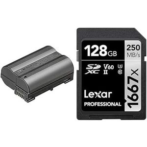 NIKON Oplaadbare batterij met hoge capaciteit Lithium-Ion EN-EL15c & Lexar Professional 1667 x SD-kaart 128 GB, SDXC UHS-II geheugenkaart, tot 250 MB/s lezen, voor professionele fotograaf