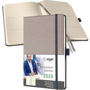 SIGEL Conceptum C2553 Agenda semainier 2025, aspect cuir, env. A5, beige, couverture rigide, 192 pages, bande élastique, passant pour stylo, pochette d'archives, certifié PEFC, Conceptum