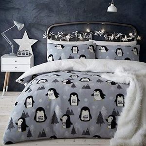 Catherine Lansfield Beddengoedset van fleece met dekbedovertrek en kussenslopen, motief pinguïn, grijs