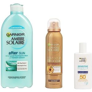 Garnier Gebruinde huidverzorgingsset met zonnebrandcrème SPF 50+ met hyaluronzuur, zelfbruinende spray met abrikozenolie en aftersun lotion met aloë vera, 3-delige amber solar kit