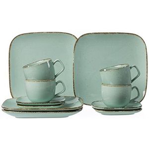 Look - Model Bord Set - Blauw/Groen - 4 Ontbijtbordjes, 4 Koffiekopjes, 4 Schoteltjes