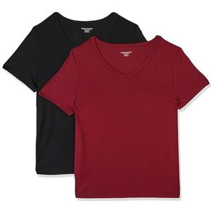 Amazon Essentials Dames T-shirt met korte mouwen en V-hals slim fit, zwart/wijnrood, maat XS