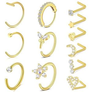 NIUSIMAN Neuspiercing, chirurgisch stalen ring 10 stuks 20 g klein goud zilver neuspiercing ring set chirurgisch staal neus piercing sieraden 2 mm 2,5 mm helder CZ zilver, Roestvrij staal