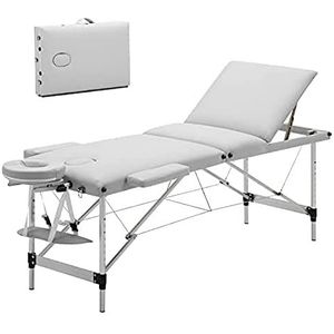 Meerveil Massagetafel, inklapbaar, cosmeticabed, aluminium, professioneel, draagbaar, met draagtas (3 zones, wit)