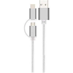 Shot Case 2-in-1 kabel voor Huawei Y5 2019 Android & Apple micro-USB-adapter, Lightning, 1 m, metaal, nylon, zilverkleurig