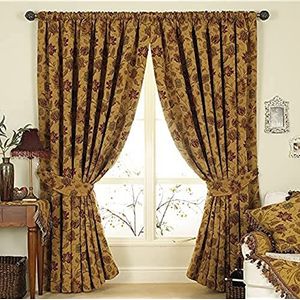 Zurich Potlood Pleat Gordijnen (paar) - Goud Geel - Bloemen Jacquard Design - Bijpassende Tiebacks - Room Darkening - 100% Polyester - 168 cm breed x 229 cm Drop