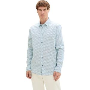 TOM TAILOR 1042515 Heren getailleerd satijnen overhemd met volledige print (1 stuk), 35803 - Blauw vierkant ontwerp