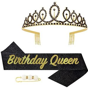 POPOYU Verjaardagssjaal en diadeem voor vrouwen, kroon en verjaardagssjaal met strass-steentjes voor haar, verjaardagsdecoraties, feestaccessoires, verjaardagscadeau voor vrouwen
