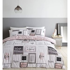 Catherine Lansfield Sleep Dreams omkeerbare beddengoedset voor tweepersoonsbed, dekbedovertrek en kussenslopen, lichtroze