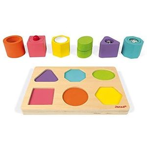 Janod J05332 Puzzel met 6 sensorische kubussen van hout I Wood - Educatief speelgoed - Leren van vormen en kleuren - Waterverf - FSC-gecertificeerd - Vanaf 1 jaar