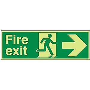 VSafety Waarschuwingsbord ""Fire Exit"" 600 x 200 mm van hard plastic in het donker oplichtend, rechte pijl