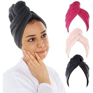 Cacala 3 stuks badstoffen douchemuts voor dames, luxe haarhanddoek, pluisvrij, voor nat haar, met gesp en knopen, zeer absorberend, inclusief