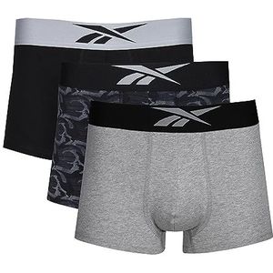 REEBOK Calzoncillos Tipo Bóxer de Algodón para Hombre, Color/Estampado, Muy Suaves, Paquete de 3 boxers, Black Plain/Print/Grey Marl, Noir uni/imprimé/gris marl, S