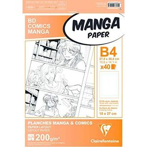 Clairefontaine 94048C Manga en multifunctionele etui, 40 vellen, wit tekenpapier, extra glad, B4, 27,5 x 37,4 cm, 200 g, bedrukt papier met rooster, 6 vakken, voor het tekenen met alcoholvilt