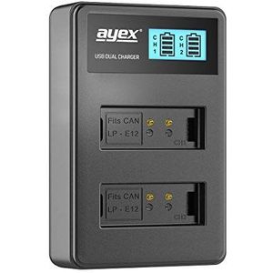 ayex Dual USB-oplader voor Canon LP-E12 batterijen bijv. EOS M M10 M 200 1000D opladen via USB stroomaansluiting op laptop of powerbank, met geïntegreerd LCD-scherm voor laadstatusindicator