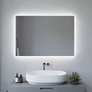 AQUABATOS Badkamerspiegel, helder, LED, 100 x 70 cm, met verlichting, aanraakschakelaar, dimbaar, koud wit, 6400 K, spiegelverwarming, anti-condens, IP44, CE
