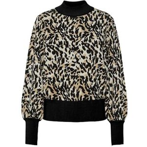 YAS FONNY LS Knit Pullover S Noos, zwart/luipaardprint, S, zwart/luipaardprint