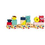 Janod - Houten trein Baby Forest - Speelgoed om te trekken - Inclusief 17 blokken - Leren van vormen en kleuren - Ontwikkel fijne motoriek - Vanaf 1 jaar J08022